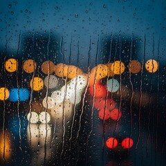 Rain-Wet Window with Blurred City Lights in Moody Nightscape, No People
