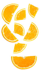 scattered pieces of fresh, vibrant orange slices and segments floating in a dynamic arrangement, professionally isolated on a transparent background.