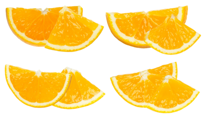 symmetrical grouping of four large, fresh, juicy orange slices and segments, exhibiting vibrant color and smooth texture, isolated on black.
