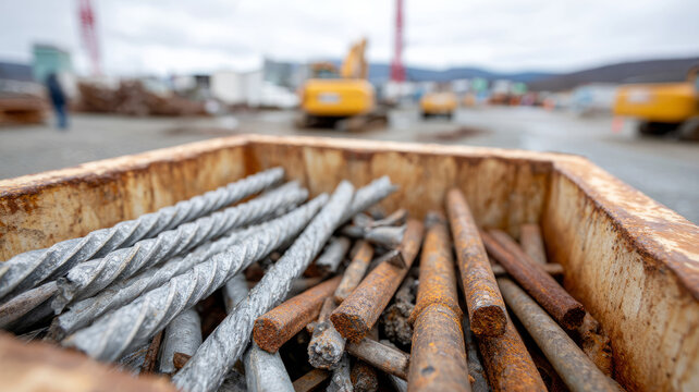 Close-up of scrap metal rods in a construction site setting.