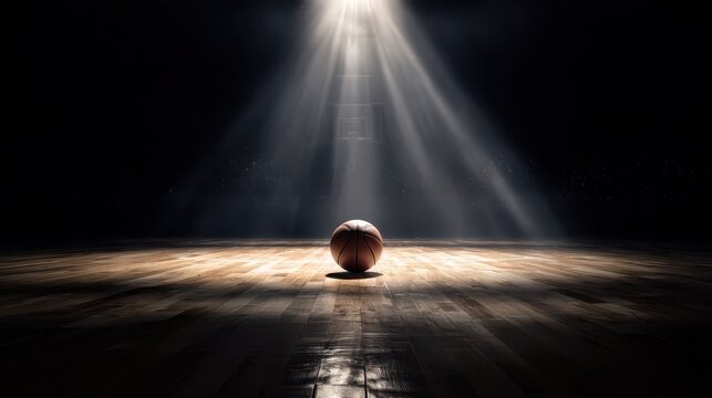 Basketball rests in spotlight on an empty court, showcasing the tension before the game begins in a dimly lit arena at night