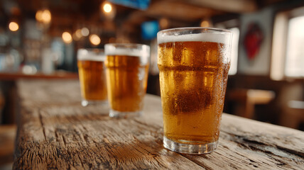 Cold beer glasses on rustic wooden table in a cozy pub setting.