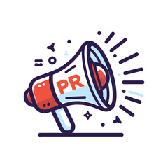 Illustration of a megaphone with the letters PR, representing public relations and promotion.
