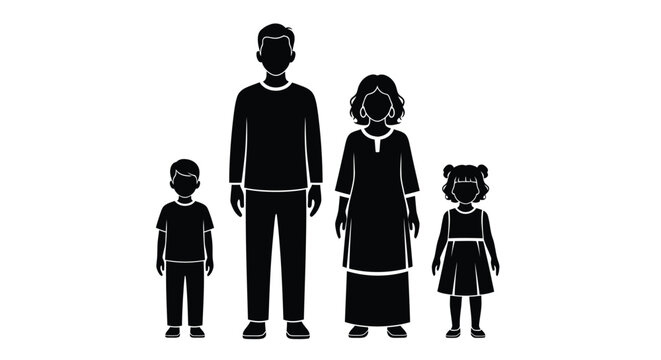 Lovely family standing together in black silhouette on white background