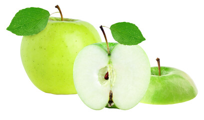 composition of fresh green granny smith apples, featuring a whole fruit and a half-cut slice revealing the core and seeds, isolated on a transparent background.