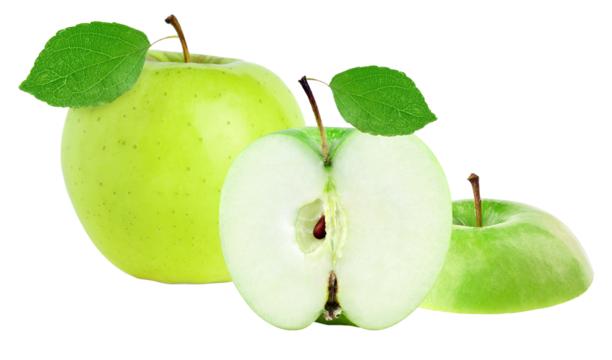 composition of fresh green granny smith apples, featuring a whole fruit and a half-cut slice revealing the core and seeds, isolated on a transparent background.