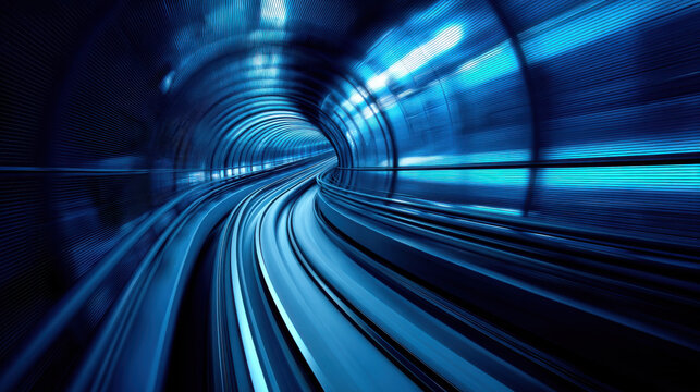 An abstract image of a fast-moving train in a blue-lit tunnel, conveying speed and motion in urban transit systems.