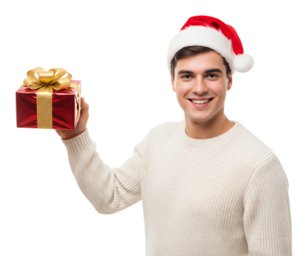young man in santa hat with gift - Powered by Adobe