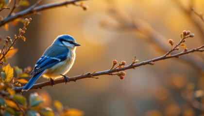 Obraz premium Blue bird perched on branch with soft warm light and autumn leaves creating peaceful scene