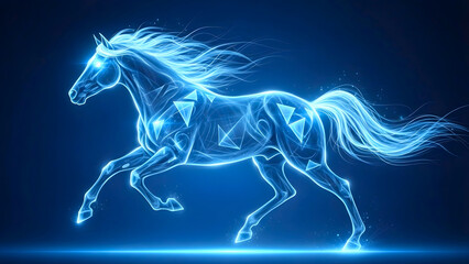 A glowing blue horse with digital patterns, representing power, freedom, and technological advancement in a modern and futuristic design, galloping in the dark