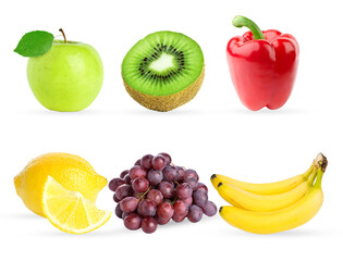 collection of six healthy and colorful fruits and vegetables organized in a grid, including apple, kiwi, pepper, lemon, grapes, and bananas, isolated on a transparent background.