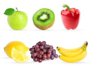 collection of six healthy and colorful fruits and vegetables organized in a grid, including apple, kiwi, pepper, lemon, grapes, and bananas, isolated on a transparent background.
