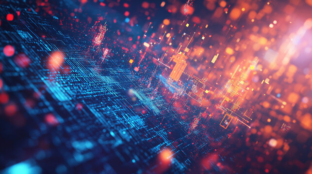 Abstract Digital Network with Blue Red Light Dots and Lines, Futuristic Data Transmission Concept