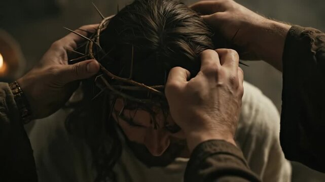 Hands placing a crown of thorns on a man's head, depicting the passion of Christ and Good Friday in a historical re-enactment.
