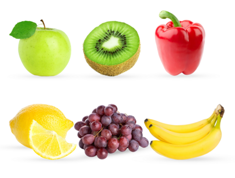 collection of six healthy and colorful fruits and vegetables organized in a grid, including apple, kiwi, pepper, lemon, grapes, and bananas, isolated on a transparent background.