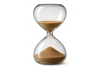 Hourglass capturing passing sand measuring time and deadline, illustrating countdown, urgency, and flow on transparent background