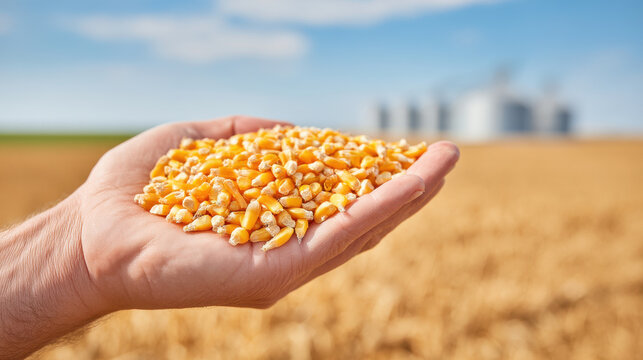 Close-up of a hand holding corn kernels against a backdrop of a bright yellow field and silos.