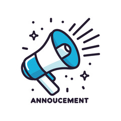 An illustrated announcement featuring a blue and white megaphone, radiating lines, and text below.