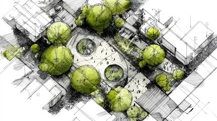 Architectural drawing showing a visionary master plan for urban development, highlighting green infrastructure, pedestrian areas, and modern architecture in a top down perspective