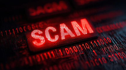 Conceptual image depicting the word scam in red lights amid binary codes, representing online fraud and deception.