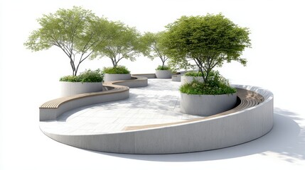 Modern urban park with organic curved concrete benches featuring wooden slats, integrated tree planters and light paving, offering communal seating and lush greenery