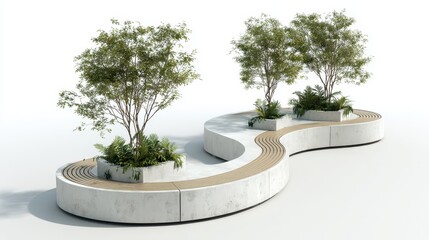 Curved concrete and wood urban bench system integrating green planters and young trees, creating an inviting public seating and modern landscape design element on a white background