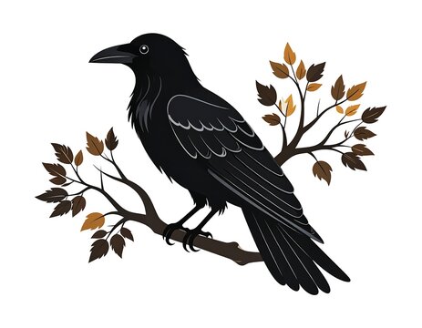 Digitally created illustration of a black crow perched on a tree branch - Powered by Adobe
