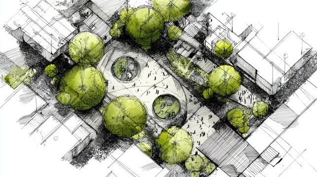 Architectural drawing showing a visionary master plan for urban development, highlighting green infrastructure, pedestrian areas, and modern architecture in a top down perspective