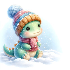 Adorable Green Blue Dinosaur in Knitted Winter Hat and Scarf, Sitting Joyfully in Snow, Whimsical Digital Art
