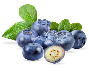 high-detail photograph featuring a group of fresh, ripe blueberries, including a cross-section slice, alongside vibrant green leaves on black.