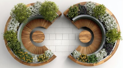 Two semicircular wooden benches with integrated tables form a full circular social seating area amid lush greenery and colorful flowering shrubs, top view for urban park design