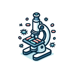 A colorful illustration of a microscope with various bacteria and cells being observed under magnification.