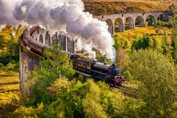 Wandcirkels Glenfinnanviaduct Steam train blows steam from the exhaust as it crosses the Glenfinnan Viaduct, Highland, Scotland, UK.  © Colin & Linda McKie