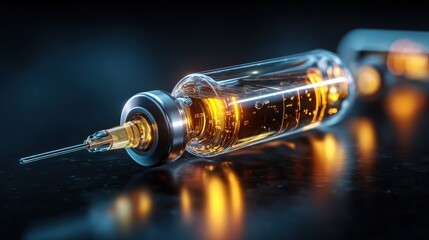 Medical syringe filled with golden liquid against transparent background