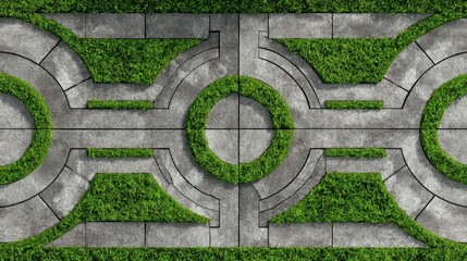 Geometric garden pathways creating a symmetrical pattern with green grass and grey stone paving, designing an organized and structured landscape for outdoor spaces