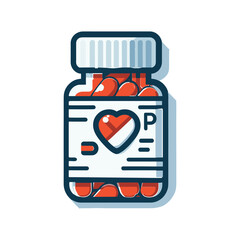 A detailed illustration of a medicine bottle filled with red pills, heart symbol.
