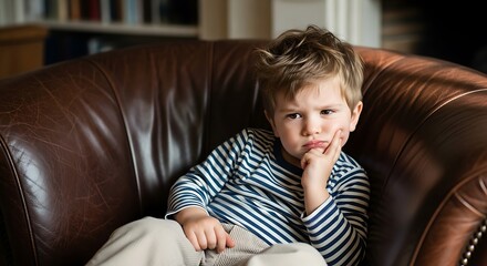 Obraz premium Pensive young boy sitting on a leather couch indoors.