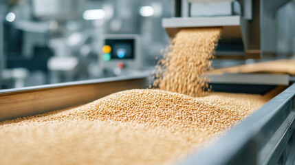 Grains are processed in a modern facility, showcasing efficiency and technology in food production.