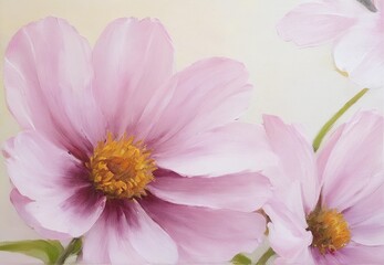 Fototapeta premium Soft pink flowers with yellow centers, delicate petals on a light background.