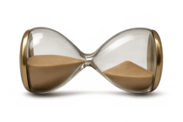 Hourglass measuring passing time with falling sand, a transparent glass timer for countdown and deadlines