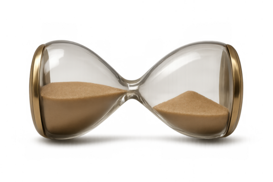 Hourglass measuring passing time with falling sand, a transparent glass timer for countdown and deadlines