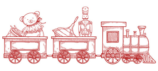 Train with retro Toys vector illustration. Linear drawing of vintage locomotive with teddy bear, soldier and drum for childish greeting card or kids invitation. Art for Christmas and New Year postcard