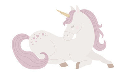 Vector illustration of cute Unicorn with pastel pink mane and golden horn for Baby shower greeting cards or newborn party invitations. Art of little fairytale Horse for princess. Drawing of Pony.