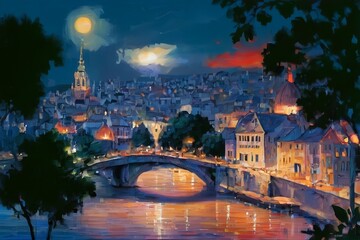 Naklejka premium A picturesque city at night, illuminated by warm lights reflecting on a river under a glowing moon. A stone bridge spans the water, surrounded by historic buildings and trees.