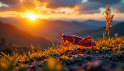 Red grasshopper on ground with mountain sunset background and warm light