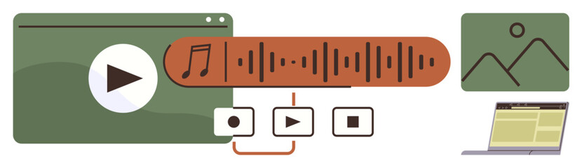 Media player window, soundwave bar, play buttons, image thumbnail, and open laptop. Ideal for content creation, video editing, audio design, media production music streaming visual communication