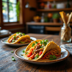 Soft taco with grilled meat and fresh vegetables served on rustic wooden table in cozy kitchen