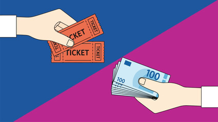Exchange of Event Tickets for Euro Money - Financial Transaction Vector Illustration