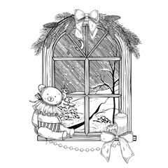 Vector illustration of a Christmas window with teddy bear, candles, pine branches, and bow under a night sky. Linear art for Xmas greeting cards, New Year invitations, posters with winter scene.