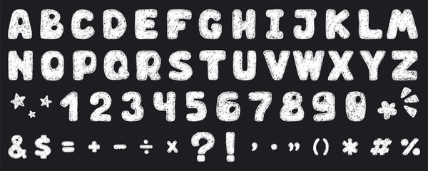 White chalk pencil hand drawn kid font design. English alphabet crayon letter and number. Playful drawing art for school projects or learning. Children vector illustration of chalk pastel typography.